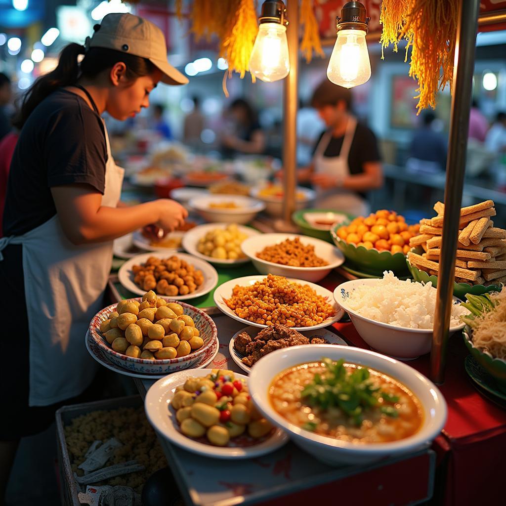 Các quầy hàng ẩm thực hấp dẫn tại chợ Thạch Đà, bày bán nhiều món ăn vặt và món chính đặc trưng Sài Gòn